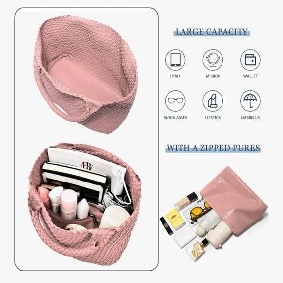 Pink faux leather weaved bag with removable zippered bag. - Picture 6 of 6